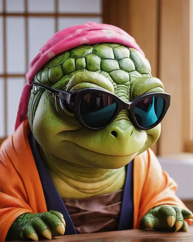 Write a humorous scenario where the mischievous Turtle steals Master Roshi's sunglasses and chaos ensues at Kame House.,trachemys,teenage mutant ninja turtles,leonardo,tortoise,raphael,turtle,yo-kai,t