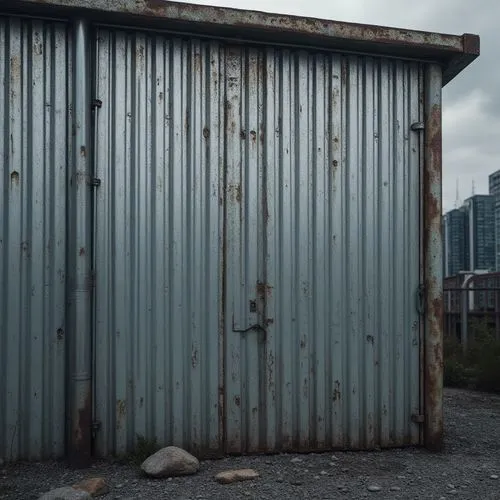 Corrugated iron, modern industrial design, metallic texture, silver color, rusty effect, weathered appearance, rugged structure, urban background, cityscape, skyscraper, contemporary architecture, bol