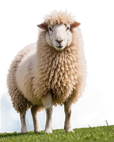 Fluffy sheep, green grass, white clouds, sunny day, standing, grazing, peaceful scene, gentle expression, curly horns, soft wool, natural light, shallow depth of field, warm color tone, cinematic comp