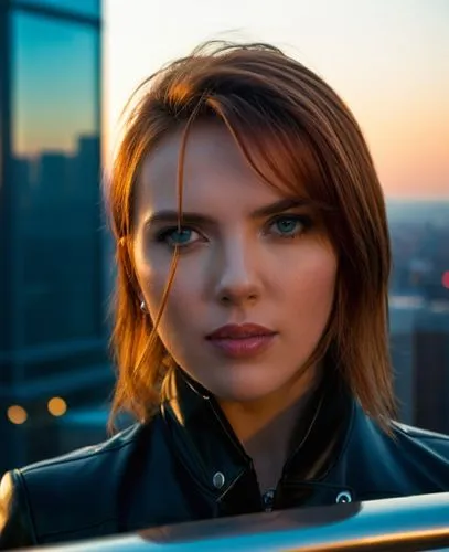 the iconic figure of Scarlett Johansson as a  brave and imposing figure, known for his red hair and piercing turquoise eyes, stands tall in the stands of New York City's iconic skyline. Clad in a slee