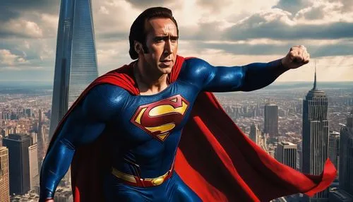 Nicolas Cage, Superman costume, muscular build, intense gaze, strong jawline, iconic S shield on chest, blue and red suit, cape flowing behind, dynamic pose, fists clenched, cityscape background, Metr