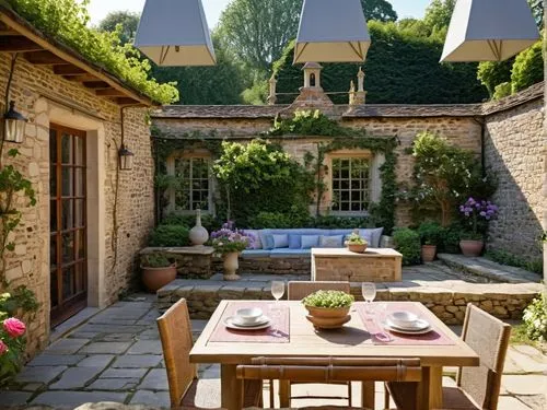 Put a vase of flowers on the dining table. ,a patio with flowers and tables in the middle,provencal life,hameau,terrasse,provencale,manoir,provencal,auvers,kitchen garden,cotswolds,outdoor dining,coun