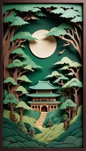 iko-inspired, Japanese-style, traditional, curved, ceramic, brown, green, ornate, layered, staggered, rustic, earthy, natural, clay, textured, roof, villa, residential, mountainous, forest, misty, mor