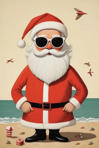 a santa claus standing with sunglasses on his face,santa claus at beach,christmas on beach,santaji,father christmas,santa claus,christmas island,Illustration,Abstract Fantasy,Abstract Fantasy 05