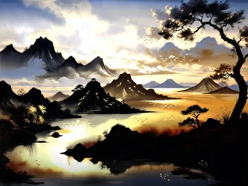 fantasy landscape,world digital painting,mountainous landscape,landscape background,mountain landscape,karst landscape,an island far away landscape,river landscape,virtual landscape,high landscape,small landscape,mountain scene,digital painting,desert landscape,landscape,alpine landscape,japanese mountains,landscapes,waterscape,nature landscape,Illustration,Paper based,Paper Based 30