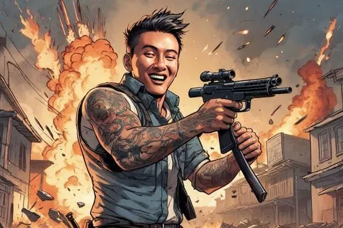 gungdo,punk,war machine,jackie chan,gun,renegade,holding a gun,twitch icon,fire background,detonator,ace,vector illustration,pubg mascot,bang,terminator,man holding gun and light,pyro,pistol,exploding head,game illustration,Digital Art,Comic