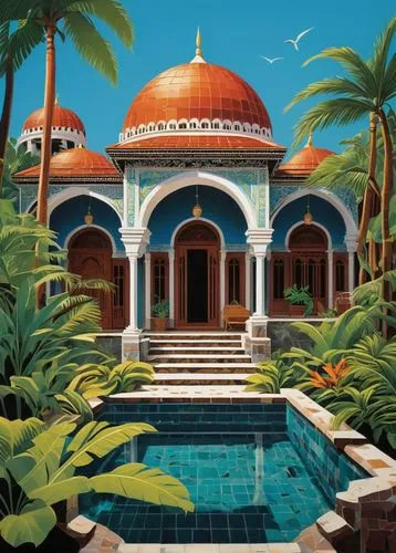 zanzibar,pool house,big mosque,mosques,cabana,oasis,mosque,water palace,tropical house,paradisus,hacienda,dorne,star mosque,zanzibari,temples,exoticism,bahamonde,cabanas,grand mosque,paraiso,Illustration,Vector,Vector 13