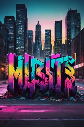 Graffiti-style misfits font generator, bold lines, vibrant neon colors, distressed textures, metallic sheen, 3D effects, futuristic atmosphere, cityscape at dusk, skyscrapers in the background, street