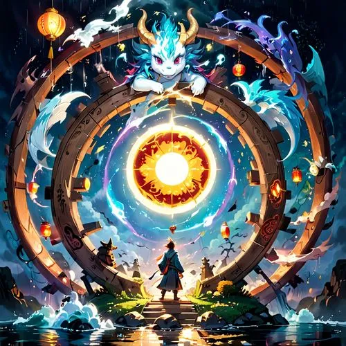 astral traveler,loa,time spiral,supergiant,shravana,samuil,summoner,mahavatar,conjurer,samudra,ozma,anjuna,game illustration,alchemic,majora,umiuchiwa,legendarium,pyre,cosmic eye,varuna,Anime,Anime,Cartoon