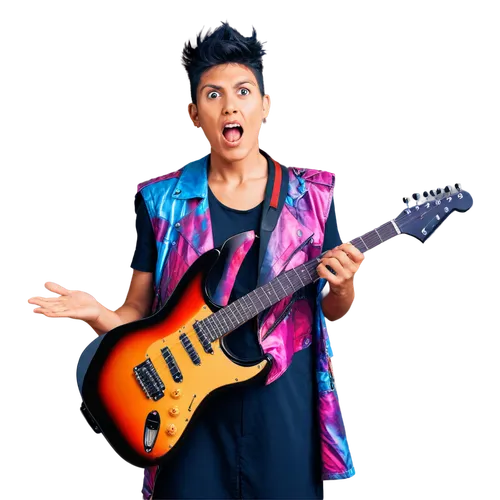 Ears plugged, shocked face, open mouth, dynamic pose, electric guitar, amplifier, speaker, sound waves, vibrant colors, abstract background, close-up shot, high contrast lighting, dramatic composition