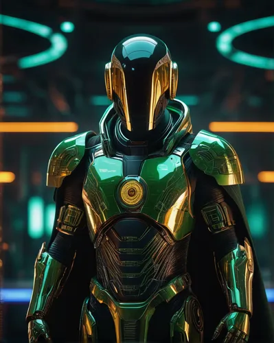 Futuristic deep green - gold AI humanoid priest stands in front of the towering hologram pope, details, ex - machina, ghost in the shell, blade runner, cyberpunk, dune, highly cinematic lighting, by R