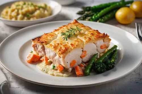 a plate of fish pie steak,salmon fillet,halibut,cordon bleu,food photography,salmon,mystic light food photography,haddock,codfish,baked chicken,tuna steak,chicken dish,fish fillet,salmoni,fillets,pork