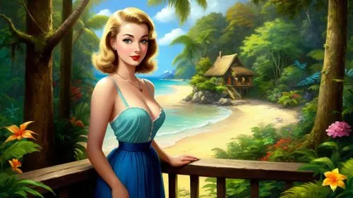 Romantic masterpiece oil painting, cute girl portrait, nostalgic 1950's style kitsch, vibrant rainforest landscape, lush tropical jungle paradise, summer beach cottage scenery, by Thomas Kinkade, by B