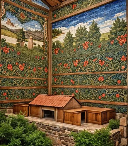 mural depicting wooden benches with flowers on wall,azulejos,murals,wall painting,fresco,patterned wood decoration,pilgrimage chapel,Photography,General,Realistic