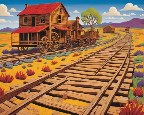 wooden train,wooden railway,railroad,railroad station,railroad track,wooden track,old wagon train,railroad car,railroads,train track,merchant train,train depot,railroad line,rail road,train route,railroad crossing,railway,railroad tracks,train way,train wagon,Conceptual Art,Oil color,Oil Color 14