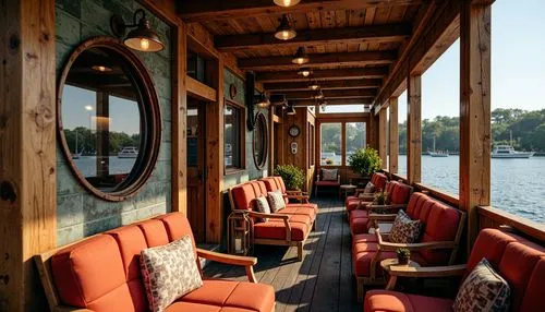 Rustic boathouse, eclectic facade, distressed wood textures, nautical ropes, porthole windows, copper accents, vintage lanterns, asymmetrical composition, vibrant color palette, playful mismatched ele