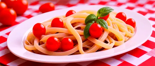 Cute cartoon spaghetti, colorful, twisted pasta, cherry tomato, basil leaves, white plate, red-and-white checkered tablecloth, warm lighting, shallow depth of field, 3/4 composition, playful arrangeme