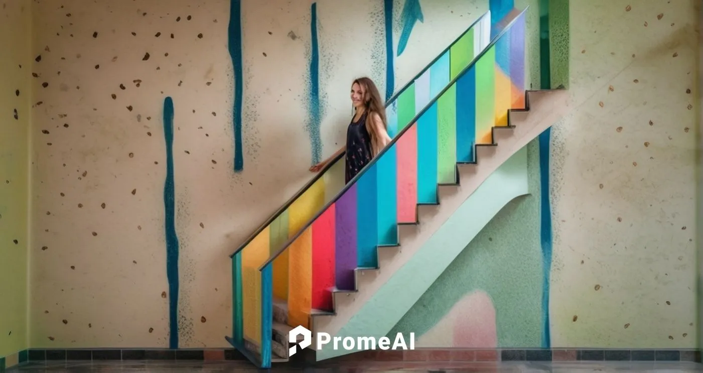 colored staircase on which a beautiful girl descends and looks at us with a smile, picture without background,girl on the stairs,staircase,stairwell,steel stairs,outside staircase,stairway,spiral stai