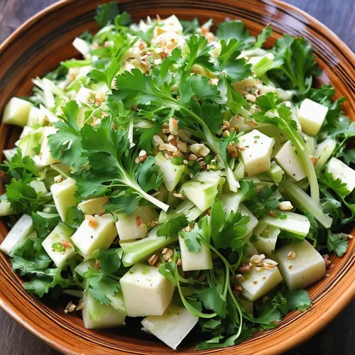 Describe the feeling of crunching into a fresh celery root salad on a sunny day.,avocado salad,green salad,waldorf salad,sprout salad,pomelo salad,spinach salad,cut salad,sea salad,israeli salad,rocke