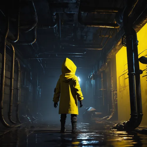 penumbra,trench coat,raincoat,yellow light,hazmat suit,action-adventure game,adventure game,rain suit,yellow machinery,game art,play escape game live and win,yellow jumpsuit,yellow,quarantine,cyberpunk,live escape game,chemical plant,underground,digital compositing,concept art,Conceptual Art,Sci-Fi,Sci-Fi 10