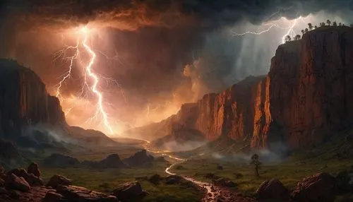 fantasy landscape,fantasy picture,thunderstone,world digital painting,volcanic landscape,hesychasm,lightning storm,fantasy art,landscape background,firefall,valley of desolation,hellgate,nature's wrath,midgard,mountain landscape,ithilien,mountain scene,mountainous landscape,mountain valleys,mordor,Photography,General,Cinematic