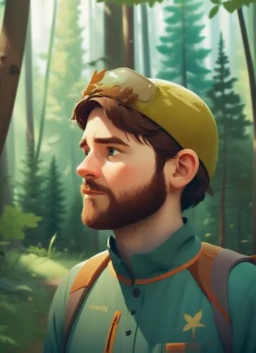 a 32 years old man in forester clothing, wearing a cap in a mountain forest. Full body,a man with a green shirt standing in the woods,kovic,friedemann,yogscast,bunyan,scoutmaster,kolins,Illustration,V