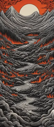 volcanic landscape,lake of fire,lava,volcanic field,lava river,lava flow,lava plain,scorched earth,red sun,volcanic,cool woodblock images,volcanism,volcanic landform,volcano,woodcut,shifting dunes,burned land,volcanos,magma,volcanoes,Illustration,Black and White,Black and White 18