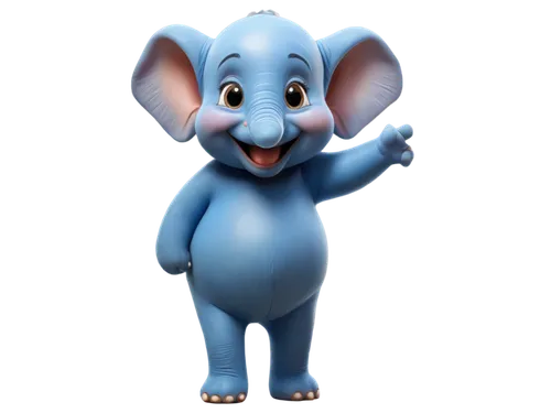 Cartoon blue elephant, big ears, smiling face, bright sparkling eyes, curly tusks, chubby body, short legs, standing pose, vibrant blue skin, glossy finish, soft light, shallow depth of field, 3/4 com