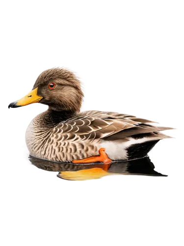 Quacking duck, yellow feathers, orange beak, shiny eyes, fluffy tail, webbed feet, rippling water, swimming pose, morning sunlight, soft focus, warm color tone, shallow depth of field, 3/4 composition