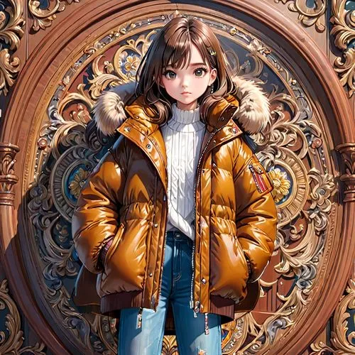 a girl have a brown puffy coat ,a girl in yellow jacket and jeans standing in front of ornately designed wall,shenmue,anime japanese clothing,3d figure,manteau,aerith,belldandy,Anime,Anime,General