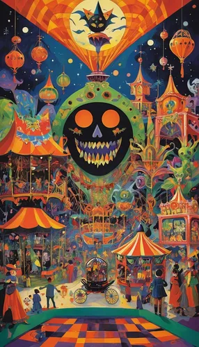 halloween background,halloween wallpaper,masquerade,halloween poster,psychedelic art,amusement park,halloween paper,luna park,lsd,dia de los muertos,day of the dead,pachamama,fantasy world,sugar skull,carnival tent,el dia de los muertos,calaverita sugar,cirque,hippy market,cirque du soleil,Art,Artistic Painting,Artistic Painting 38