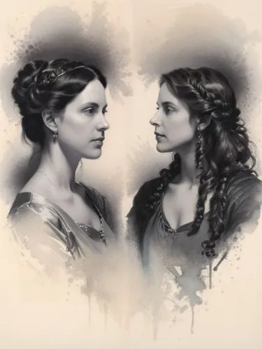 Create a convincing, well-lit double portrait in John Singer Sargent style.,two women are depicted in this black and white po,seana,magdelena,begums,eretria,frasers,hermias,Photography,Black and white