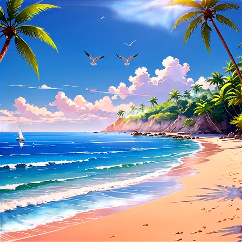 summer background,beach landscape,tropical beach,beach scenery,dream beach,beautiful beach,ocean background,tropical sea,landscape background,beach background,paradise beach,beautiful beaches,cartoon video game background,tropical island,caribbean beach,brazilian beach,mountain beach,tropics,paradises,ocean paradise,Illustration,Japanese style,Japanese Style 03