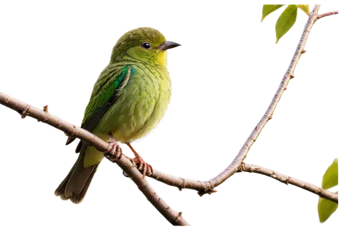 Small bird, tweeting sound, bright green plumage, tiny beak, round eyes, perched on a thin branch, delicate legs, morning dew, soft sunlight filtering through leaves, 3/4 composition, shallow depth of