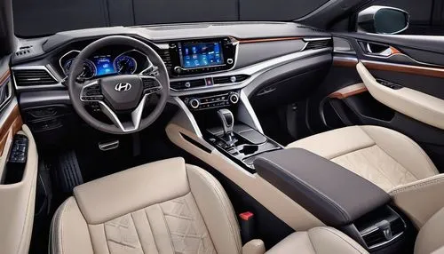 Modern Hyundai Santa Fe SUV, luxurious interior, leather seats, brown wood trim, silver metal accents, ambient lighting, soft beige carpet, panoramic sunroof, 3/4 composition, warm color tone, premium