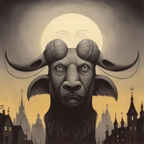 a painting of a demon is featured in the background,minotaur,horoscope taurus,the zodiac sign taurus,cow horned head,taurus,tribal bull,capricorn,elaphus,horned,goetia,horns cow,moloch,aurochs,buffalo