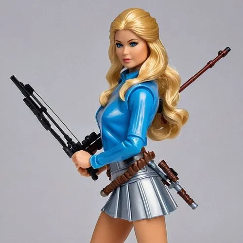 beautiful blonde lady, dressed like a Star Wars action figure, in a blue A-line mini skirt, silver thigh boots and a silver top. She holds a wookiee bowcaster crossbow.,bulletgirl,supermarionation,gir