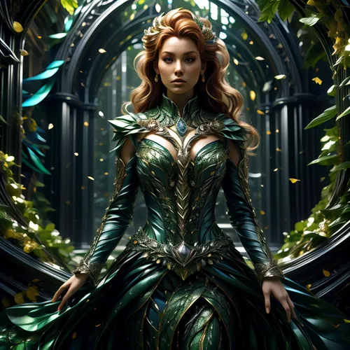 the enchantress,ivy,queen cage,dryad,elven,background ivy,fantasy woman,celtic queen,poison ivy,artemisia,fantasia,fantasy portrait,ivy frame,flora,merida,emerald,cg artwork,fantasy picture,fairy queen,green aurora