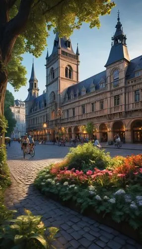 Historical cityscape, European-style architecture, grand stone buildings, ornate facades, Gothic spires, intricate carvings, majestic clock towers, vibrant flower beds, lush green trees, cobblestone s