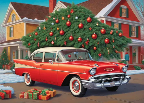 Craft a whimsical tale about a retro Chevrolet that magically comes to life, spreading Christmas cheer with a charmingly decorated tree on its roof,retro chevrolet with christmas tree,christmas retro 