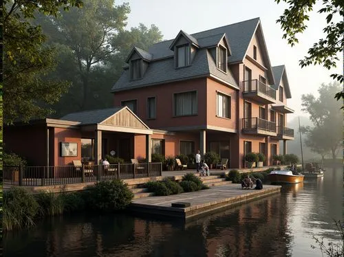 3d rendering,house by the water,lobau,house with lake,townhomes,residentie,houten,trakai,boathouses,render,hameau,regnitz,bendemeer estates,new housing development,residencial,aalsmeer,townhouses,maisons,stilt houses,moated