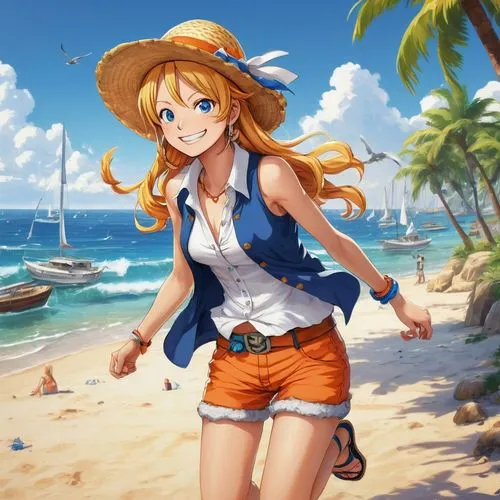 nami,beach background,summer background,honoka,honolulu,straw hat,beach scenery,ocean background,summer day,tsumugi kotobuki k-on,sailing orange,french digital background,jean shorts,summer hat,at sea,seaside country,ocean,cg artwork,summer umbrella,aloha,Art,Classical Oil Painting,Classical Oil Painting 09