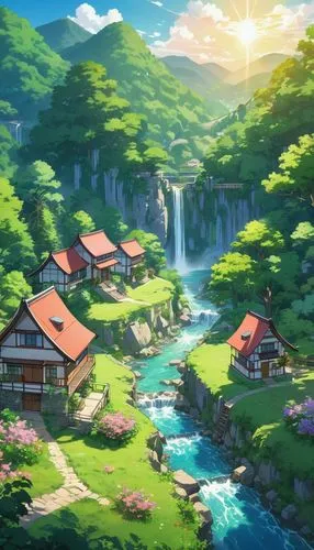 butka,landscape background,meteora,mountain spring,ghibli,idyllic,home landscape,japan landscape,kanto,scenery,fantasy landscape,japanese sakura background,springtime background,mountain village,hotsprings,studio ghibli,beauty scene,sakura background,spring background,alfheim,Illustration,Japanese style,Japanese Style 03