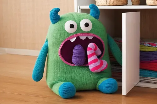 Craft a cuddly yet shy monster that hides in closets and befriends lost socks.,stuff toy,plush figure,dog toy,pocket monster,plush toy,stuffed toy,child monster,dog chew toy,worm apple,plush toys,pell