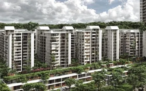 Singapore's tanglin halt hdb blocks in 2050. make the building with technology features. show void decks and community spaces that have accessible features and shared screens. add footpaths, cycling p