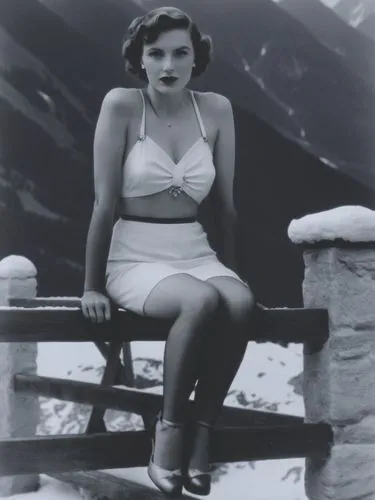 A lady from the 1940s in front of an Alpine backdrop.,a woman sitting on a bench in the snow,ingrid bergman,jane russell-female,maureen o'hara - female,marilyn monroe,myrna,stanwyck,Photography,Black 