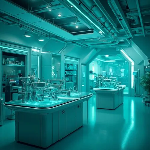 Teal-colored, futuristic, high-tech laboratory interior, sleek glass tables, metal equipment, minimalist decor, modern architecture, bright teal accents, glowing neon lights, reflective surfaces, shar