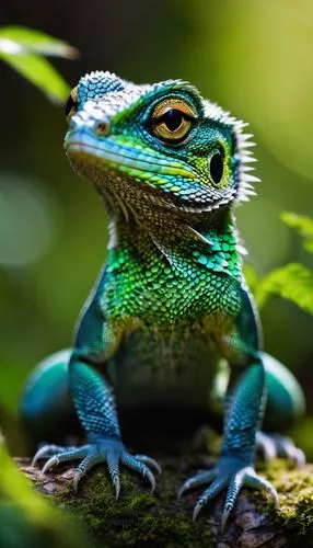 Tiny dragon lizard, green scaly skin, small wings, curly tail, big round eyes, white belly, tiny claws, sitting on a mossy rock, forest floor, warm sunlight filtering through trees, leaves and vines s