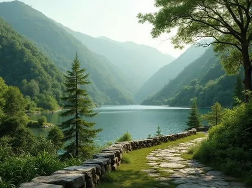 Rolling hills, serene lakeside, lush green forests, meandering pathways, natural stone walls, weathered wood accents, earthy tones, organic forms, seamless transitions, soft morning light, misty atmos