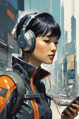 sci fiction illustration,cyberpunk,world digital painting,girl with speech bubble,two-way radio,digital nomads,vector girl,audio player,woman holding a smartphone,walkman,music player,scifi,city ​​portrait,drone pilot,game illustration,transistor,transistor checking,operator,cg artwork,shepard,Illustration,Paper based,Paper Based 07